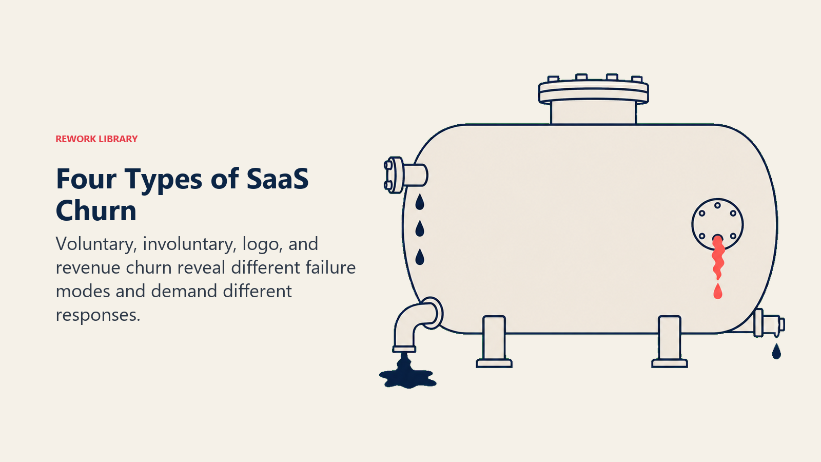 Four Types of SaaS Churn illustrated with four distinct leak outlets around one subscription vessel, each with a unique silhouette and one coral outlet requiring action