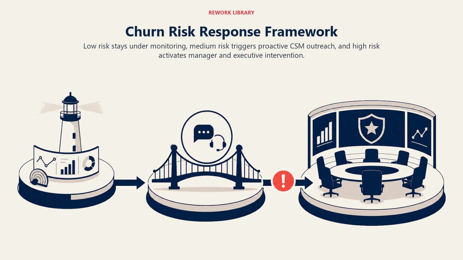 Churn Risk Response Framework illustrated with three clearly escalating response lanes from monitoring to CSM to executive action