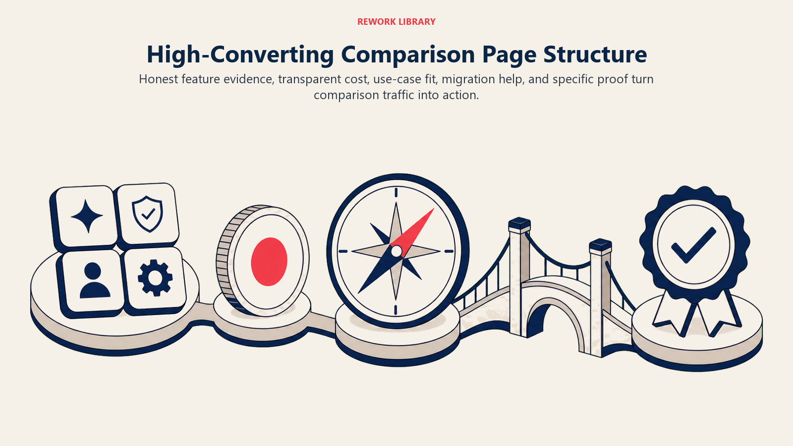 High-Converting Comparison Page Structure illustrated with five wide editorial layers forming a stable comparison page foundation