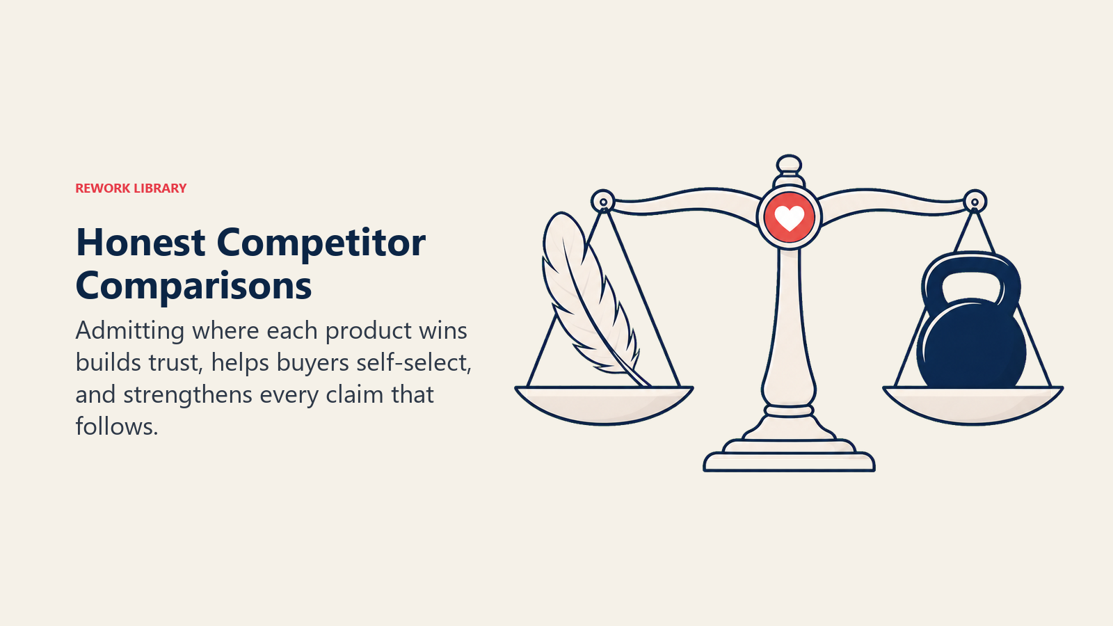 Honest Competitor Comparisons illustrated with a balanced scale holding two different product strengths with a coral trust seal at the fulcrum