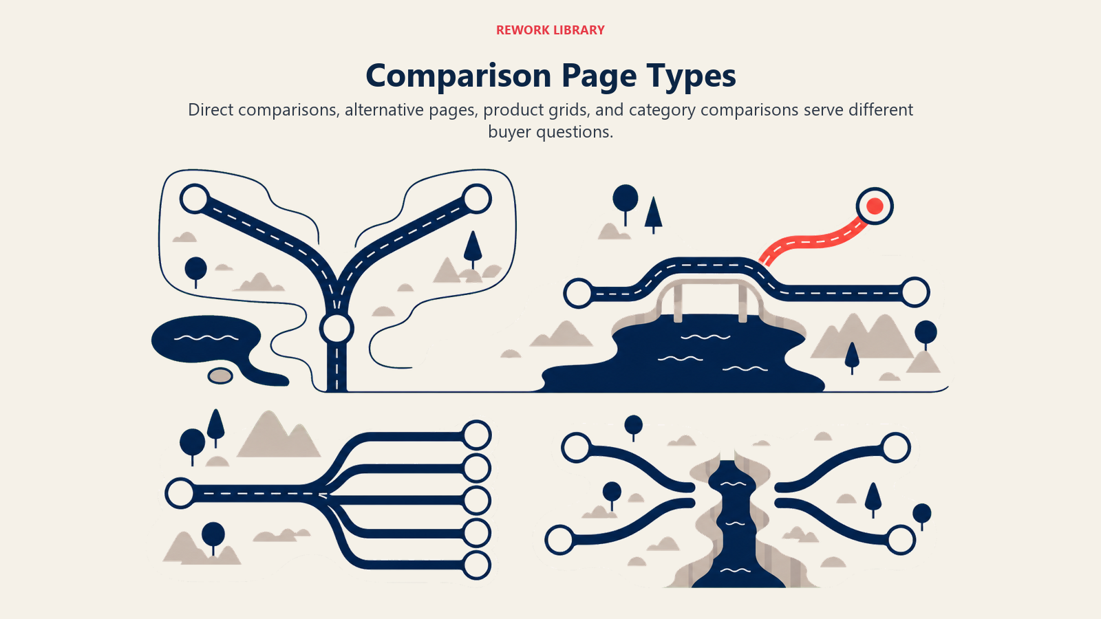 Comparison Page Types illustrated with four wide distinct route archetypes leading to different buyer questions