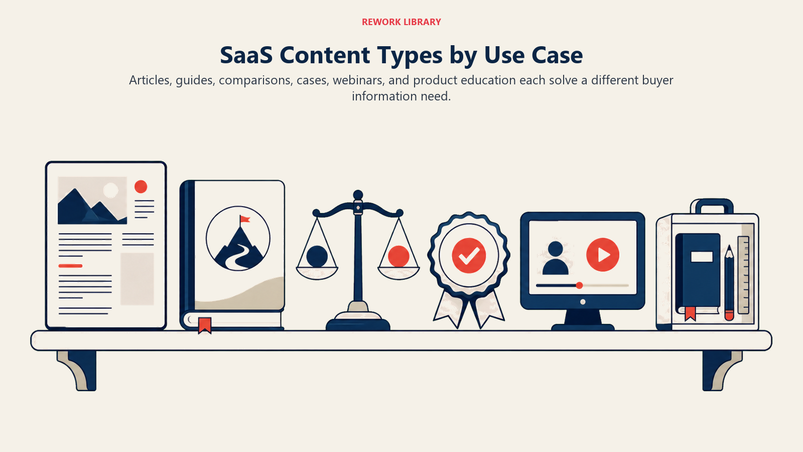 SaaS Content Types by Use Case illustrated with a wide shelf of six clearly different content artifacts aligned to buyer needs