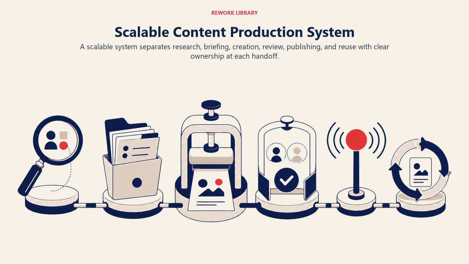 Scalable Content Production System illustrated with a six-station editorial production line with varied work artifacts