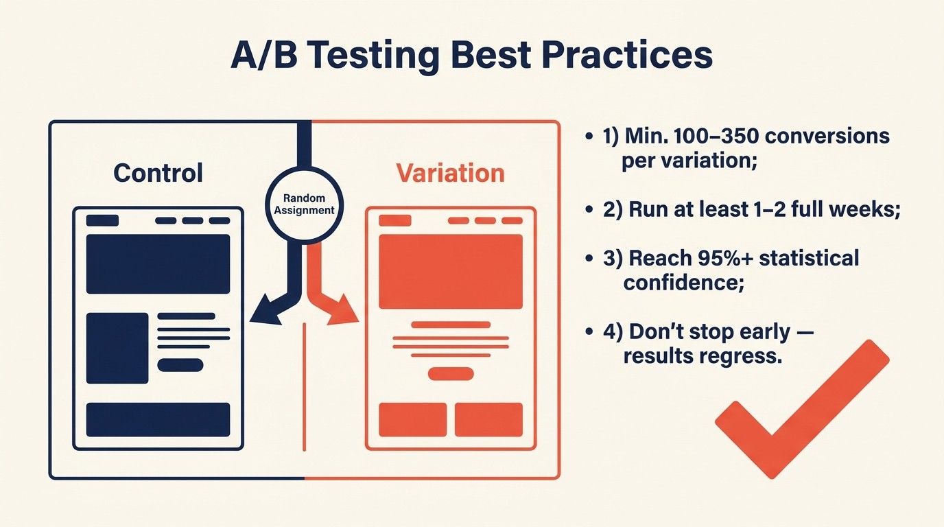 A/B testing rules covering sample size, duration, and statistical significance