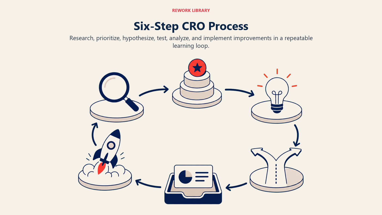 Six-Step CRO Process illustrated with a six-station circular learning loop with one coral experiment station