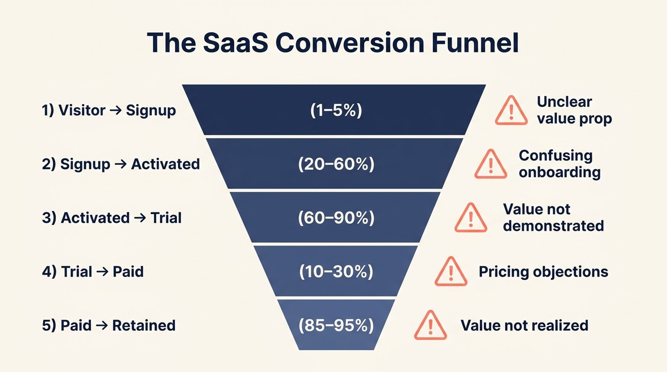SaaS conversion funnel stages from visitor to retained customer