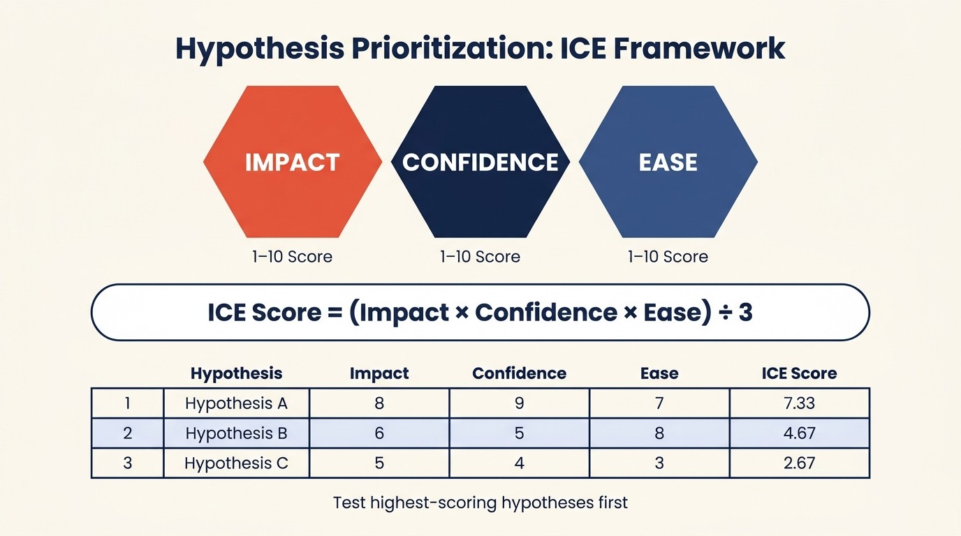 ICE framework scoring hypotheses on impact, confidence, and ease for CRO prioritization