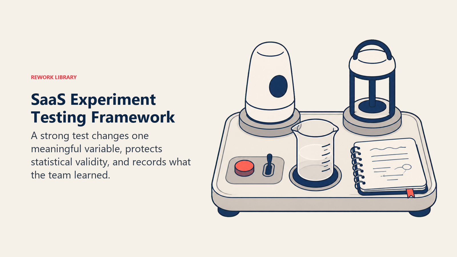 SaaS Experiment Testing Framework illustrated with a split-test bench with two variants, a sample counter object, and an evidence notebook