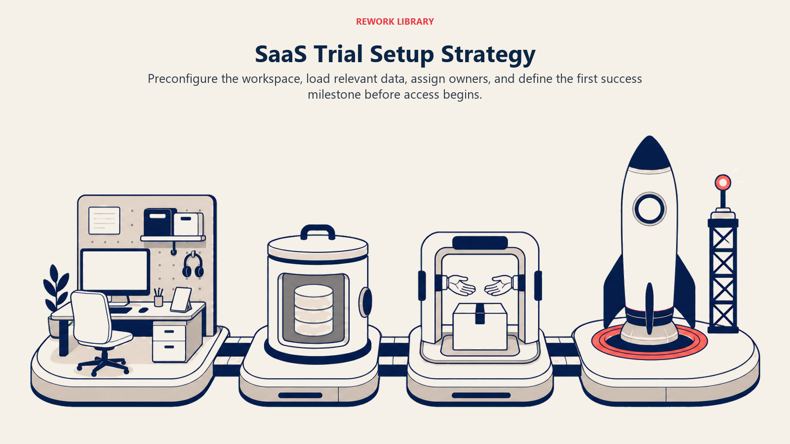 SaaS Trial Setup Strategy illustrated with a wide prepared trial workspace with four setup zones leading to activation
