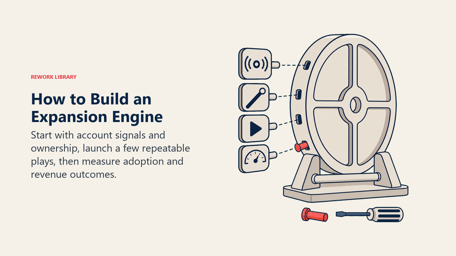 How to Build an Expansion Engine illustrated with a workbench assembling an expansion flywheel in Rework editorial style