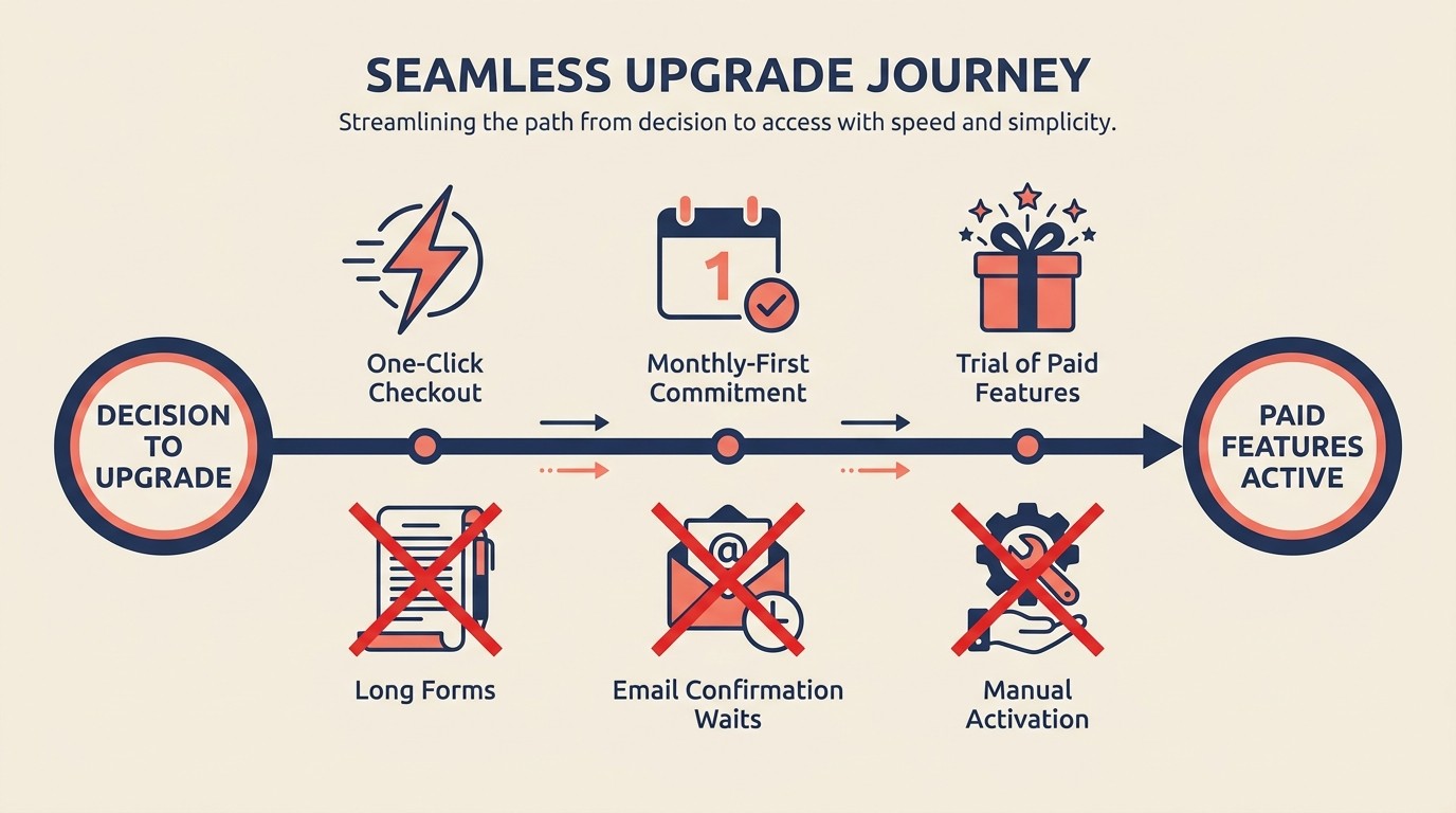Reducing upgrade friction with one-click flows and progressive commitment