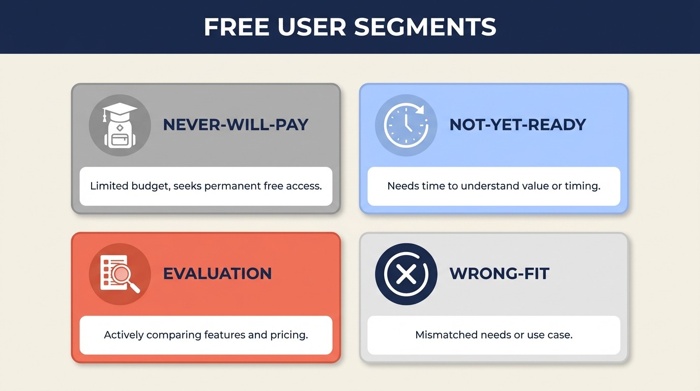 Free user segments breakdown from never-pay to evaluation users