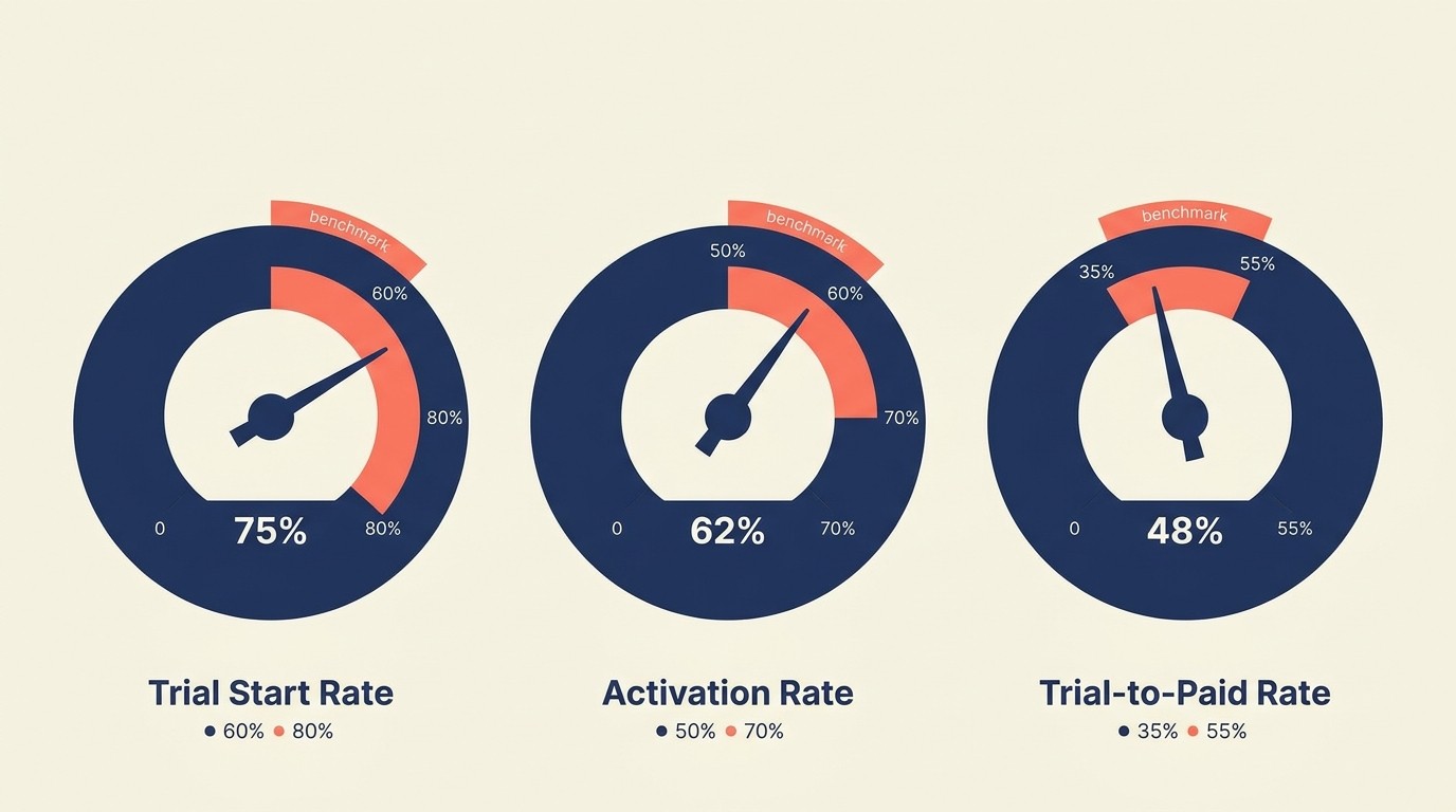 Trial metrics framework covering signup, activation, and trial-to-paid conversion benchmarks
