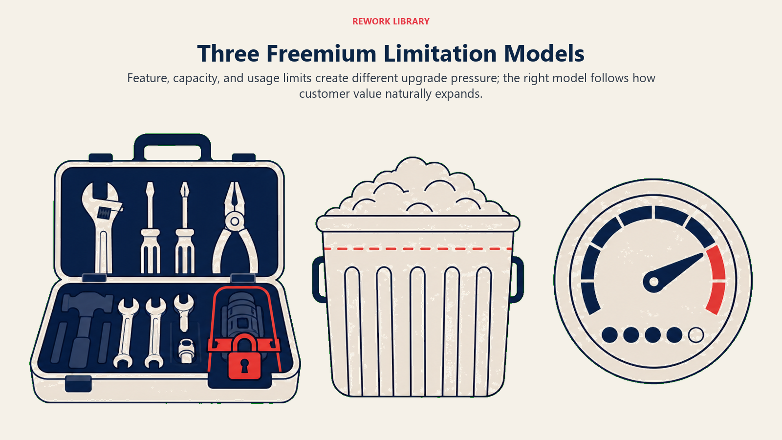 Three Freemium Limitation Models illustrated with three distinct limitation artifacts: locked advanced tool, full container, and metered counter