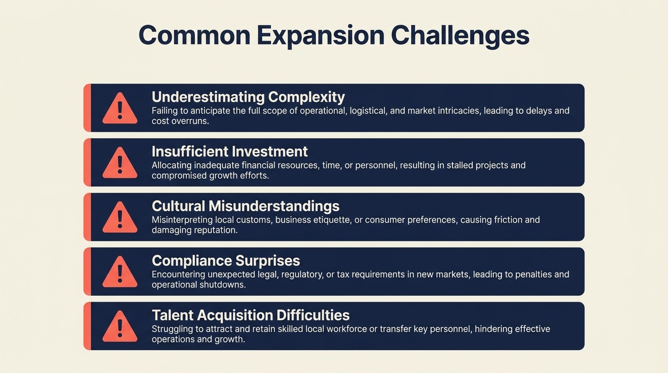 Common challenges in geographic expansion including complexity, compliance, and cultural gaps