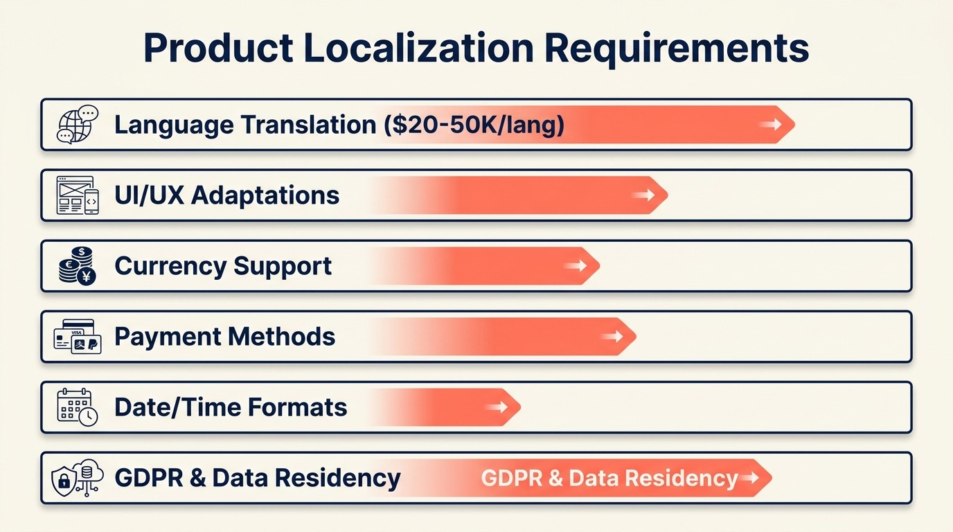 Product localization requirements including language, currency, and compliance features