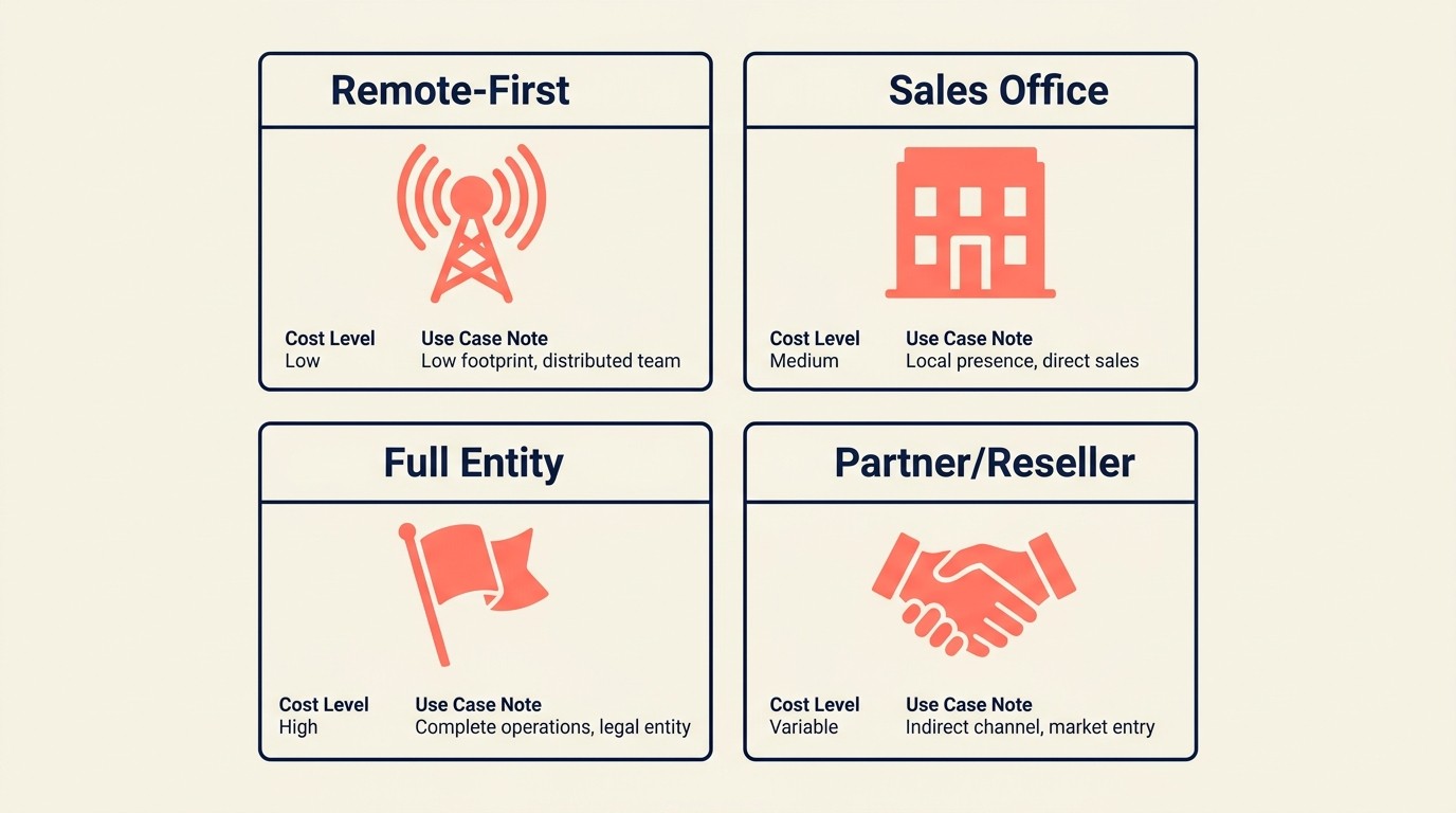 Comparison of geographic expansion models from remote-first to full entity setup