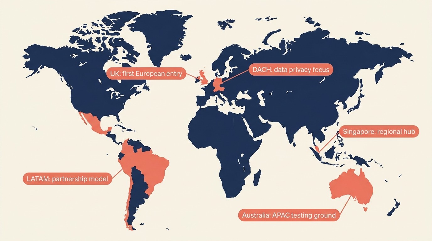 Regional map of SaaS expansion opportunities across North America, Europe, APAC, and LATAM