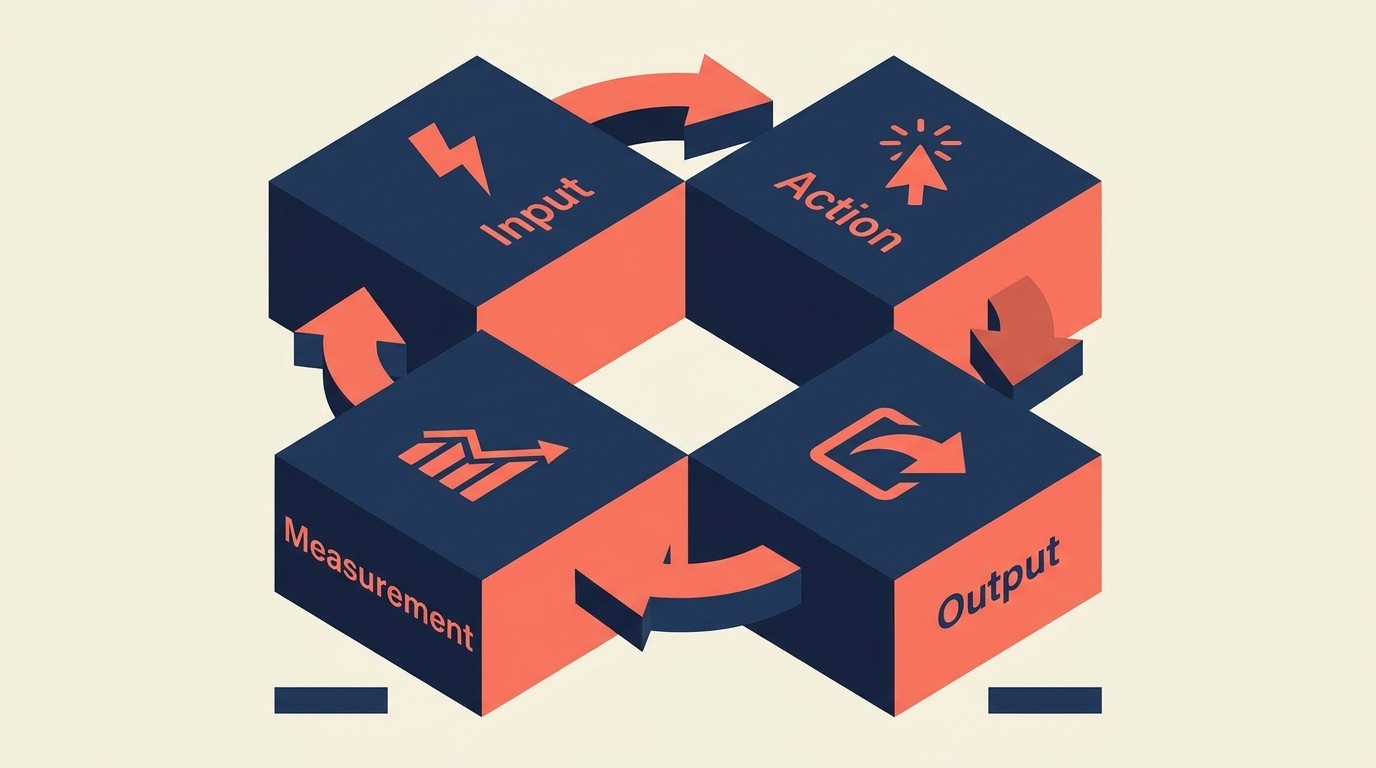 Four core components of a growth loop: input, action, output, and measurement