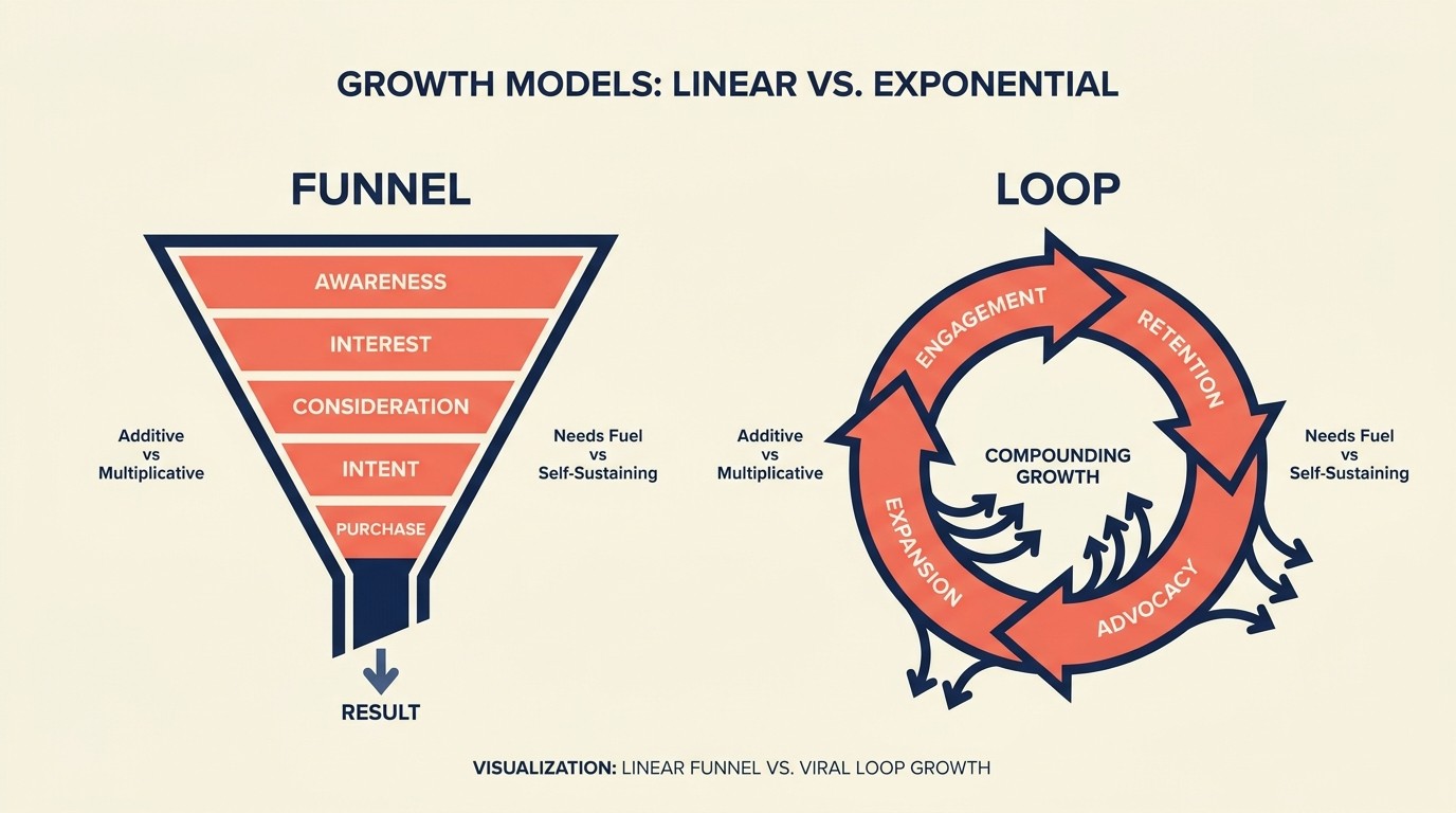 Comparison of linear marketing funnel versus circular self-reinforcing growth loop