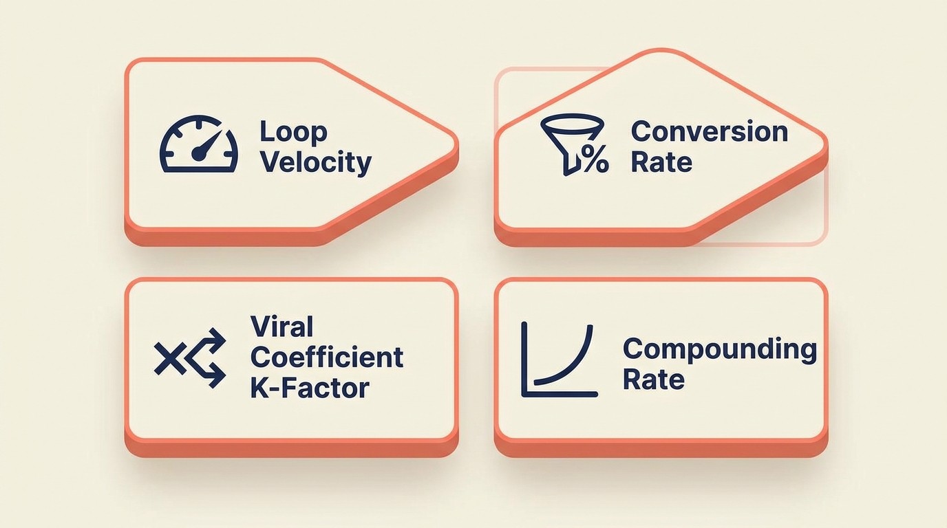 Key growth loop metrics dashboard showing velocity, conversion, K-factor, and compounding rate