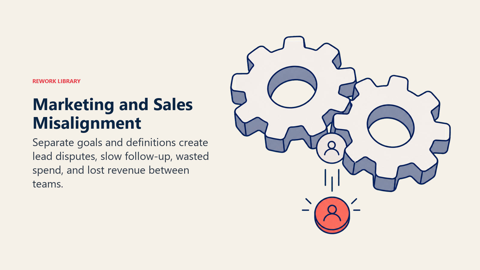 Marketing and Sales Misalignment shown as misaligned gears in a Rework Library editorial illustration