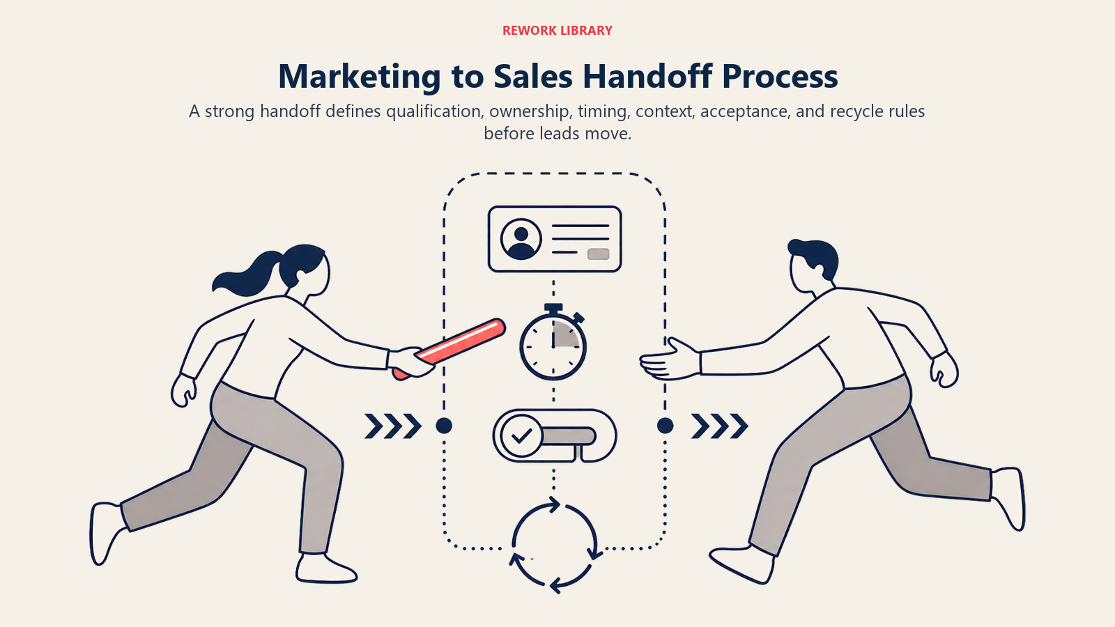 Marketing to Sales Handoff Process shown as lead relay handoff in a Rework Library editorial illustration