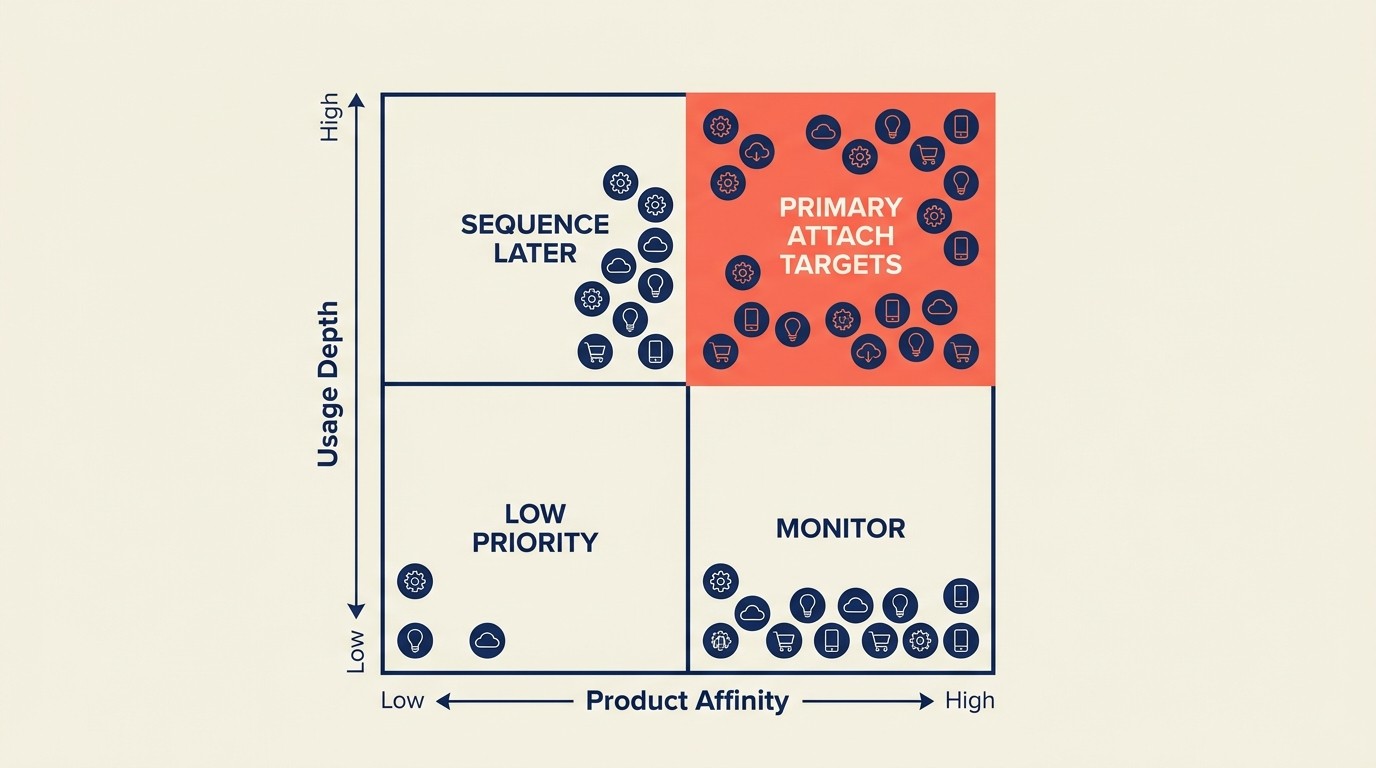 Attach rate optimization framework mapping product affinity and usage triggers