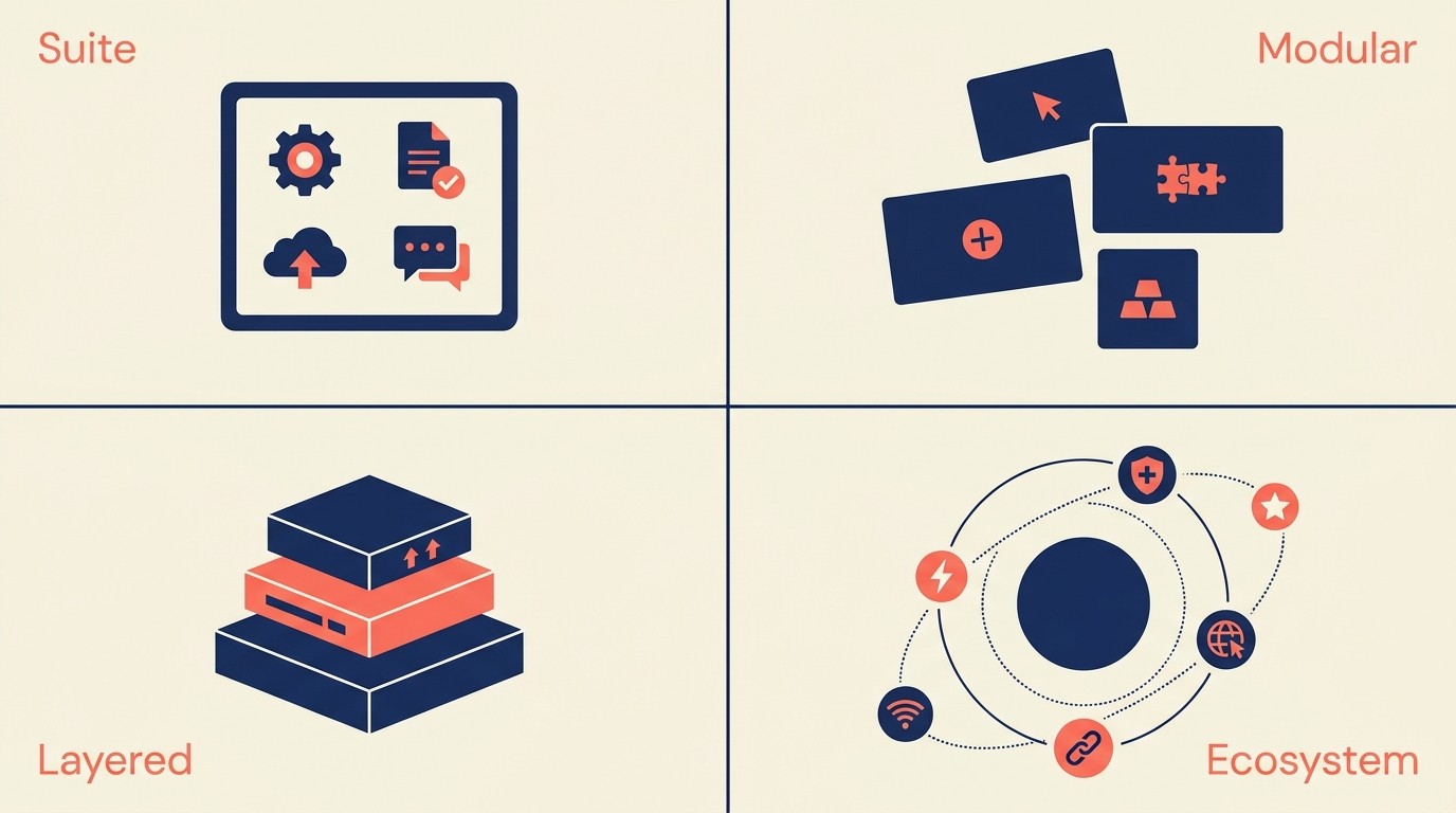 Four multi-product models comparing suite, modular, layered, and ecosystem architectures