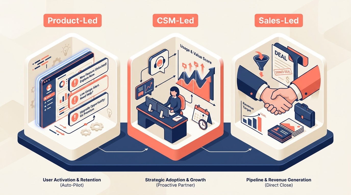 Operational execution channels for product-led, CSM-led, and sales-led attach motions