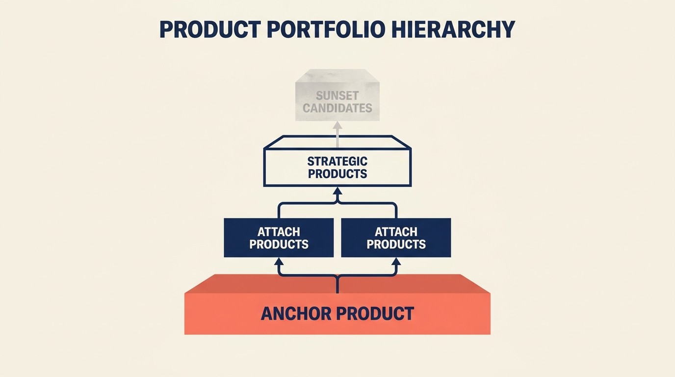Product portfolio architecture with anchor, attach, strategic, and sunset product roles