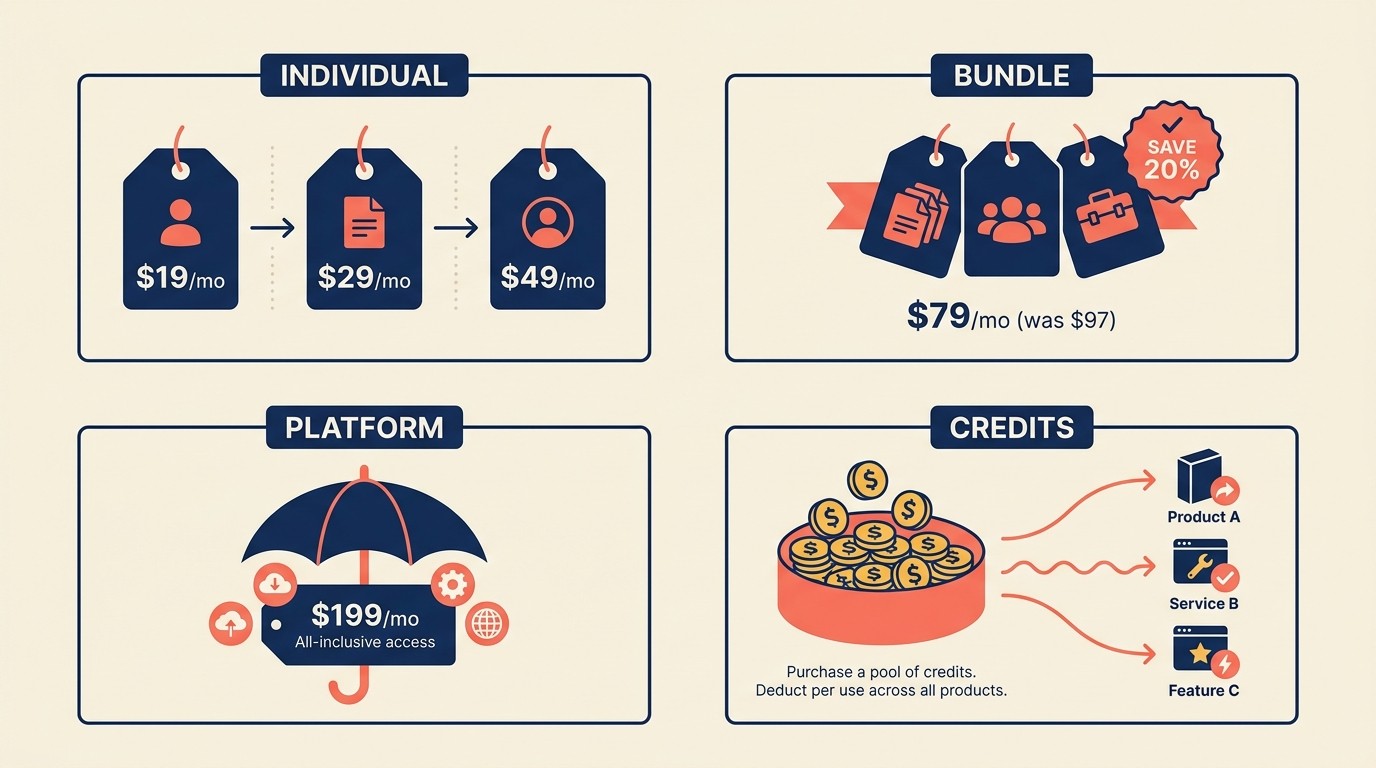 Pricing and packaging strategy comparing bundle, platform, and credit-based models