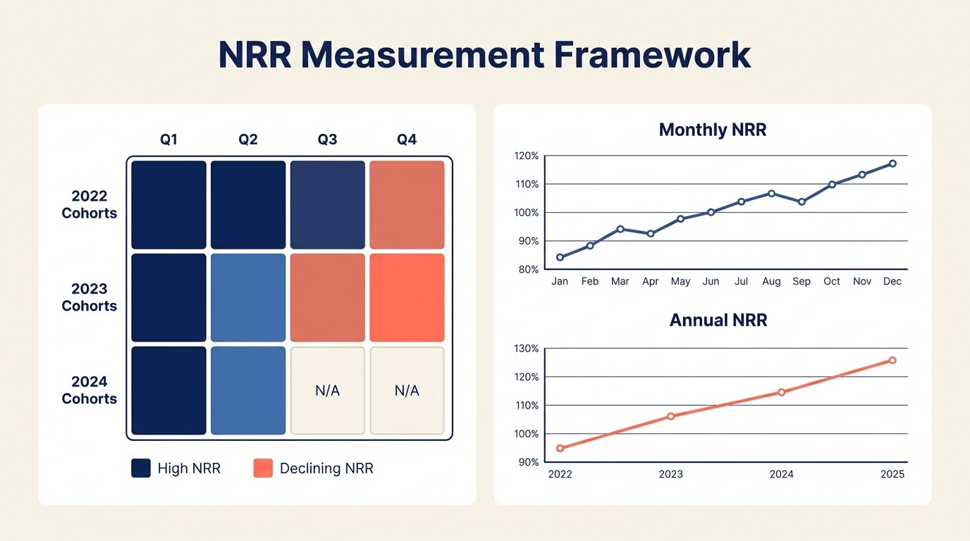 NRR measurement dashboard with cohort analysis and trend tracking