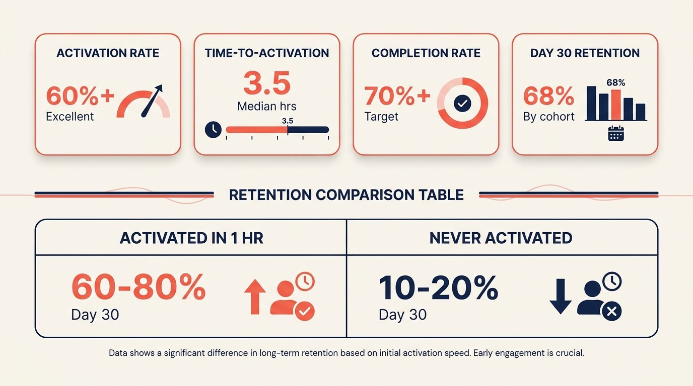Activation metrics dashboard tracking aha moment rate and retention by cohort
