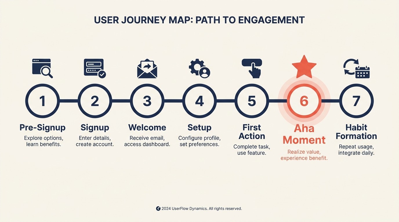 Seven-stage onboarding journey map from pre-signup to habit formation