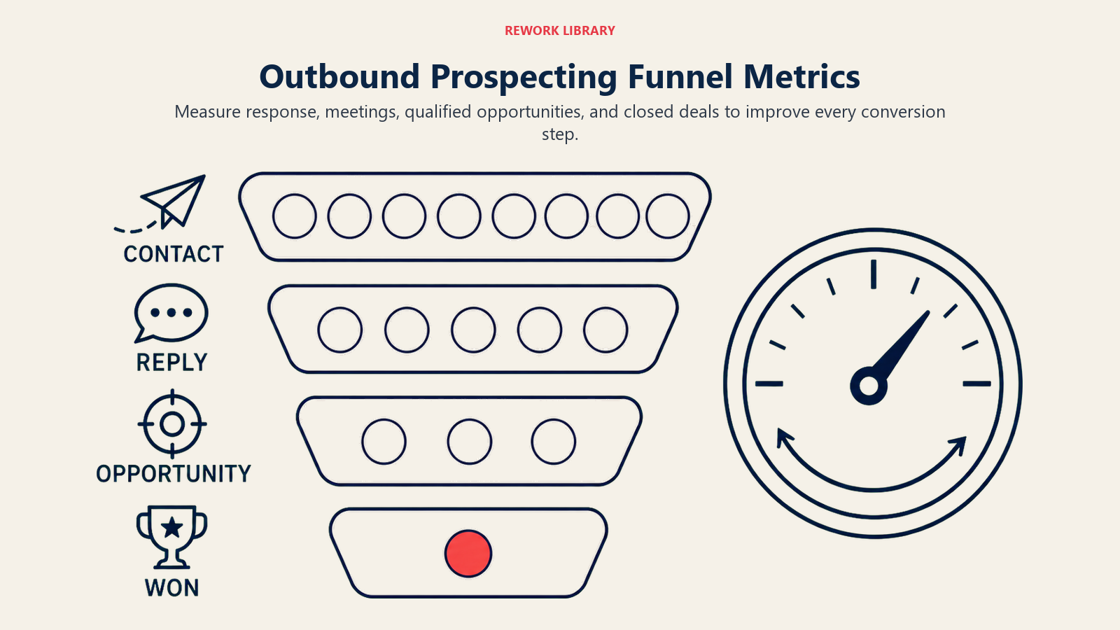 Outbound prospecting funnel from contacts and responses to qualified opportunities and closed deals