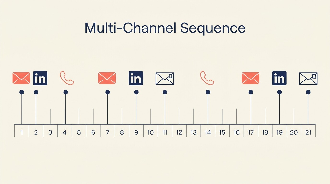 Multichannel outbound outreach across email, LinkedIn, phone, and direct mail