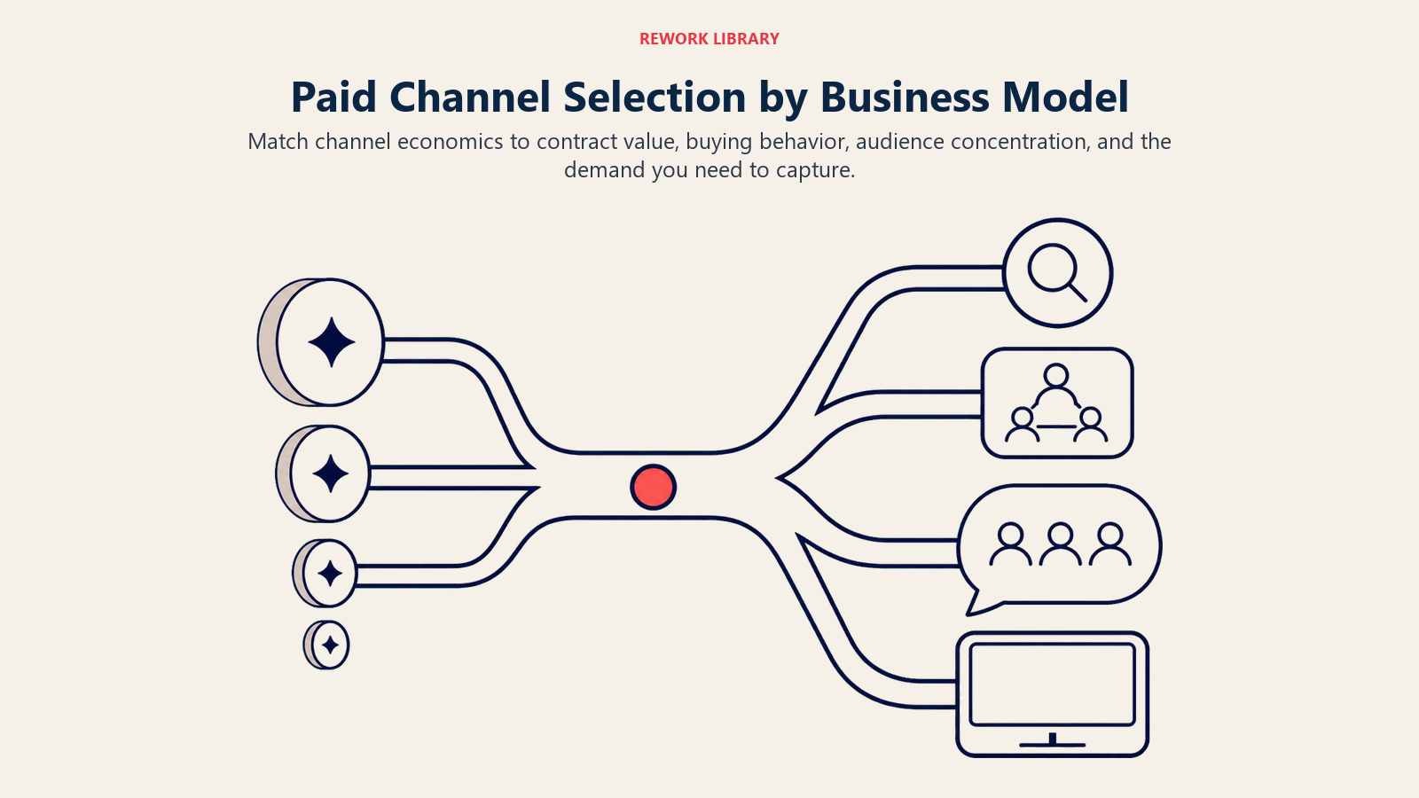 Paid Channel Selection by Business Model illustrated with a wide branching selector routing different contract-value tokens to distinct channel forms