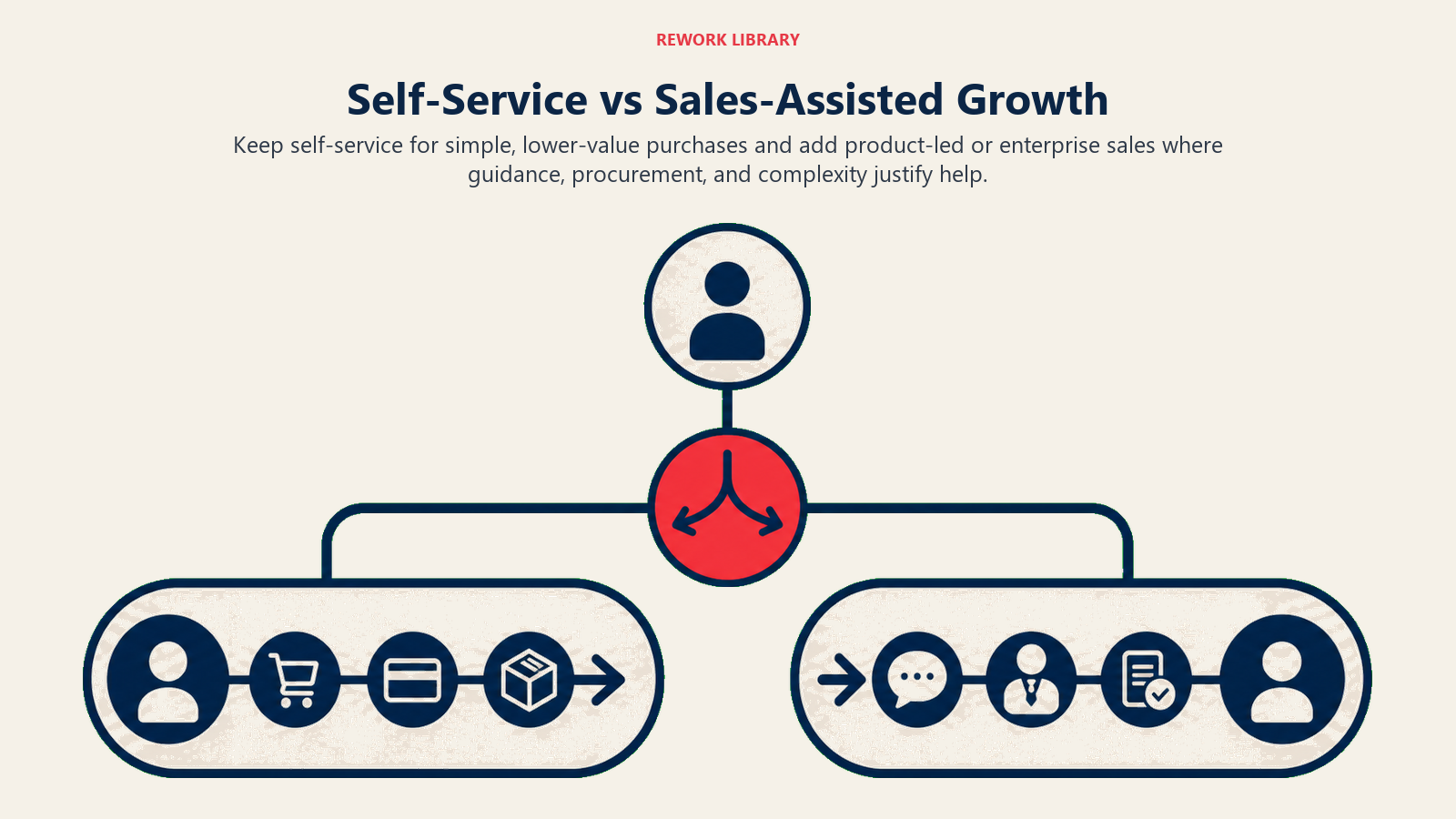 Self-Service vs Sales-Assisted Growth illustrated with two hybrid growth lanes