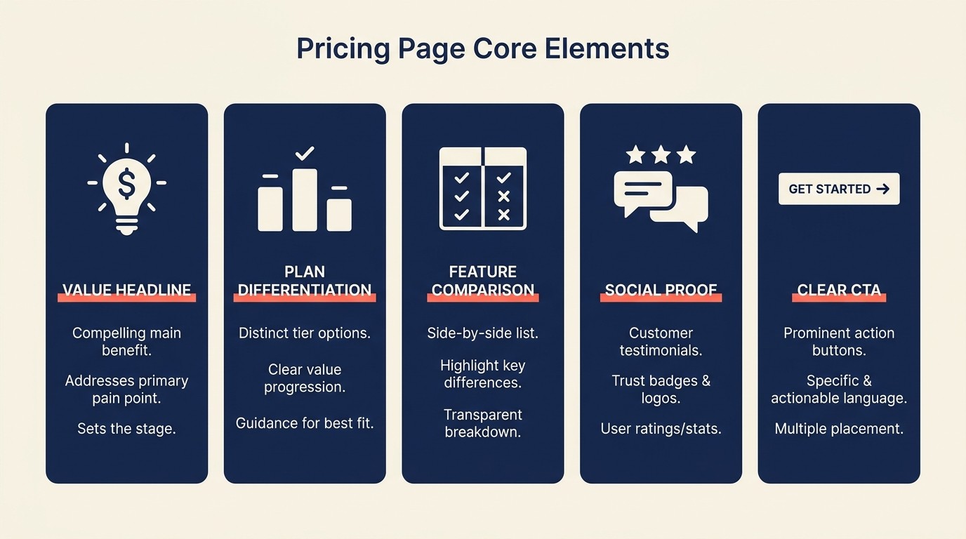 Pricing page fundamentals and core elements for conversion