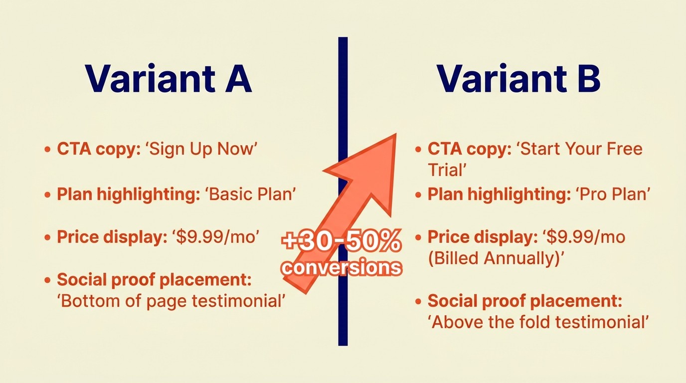 Testing and optimization framework for pricing page conversion