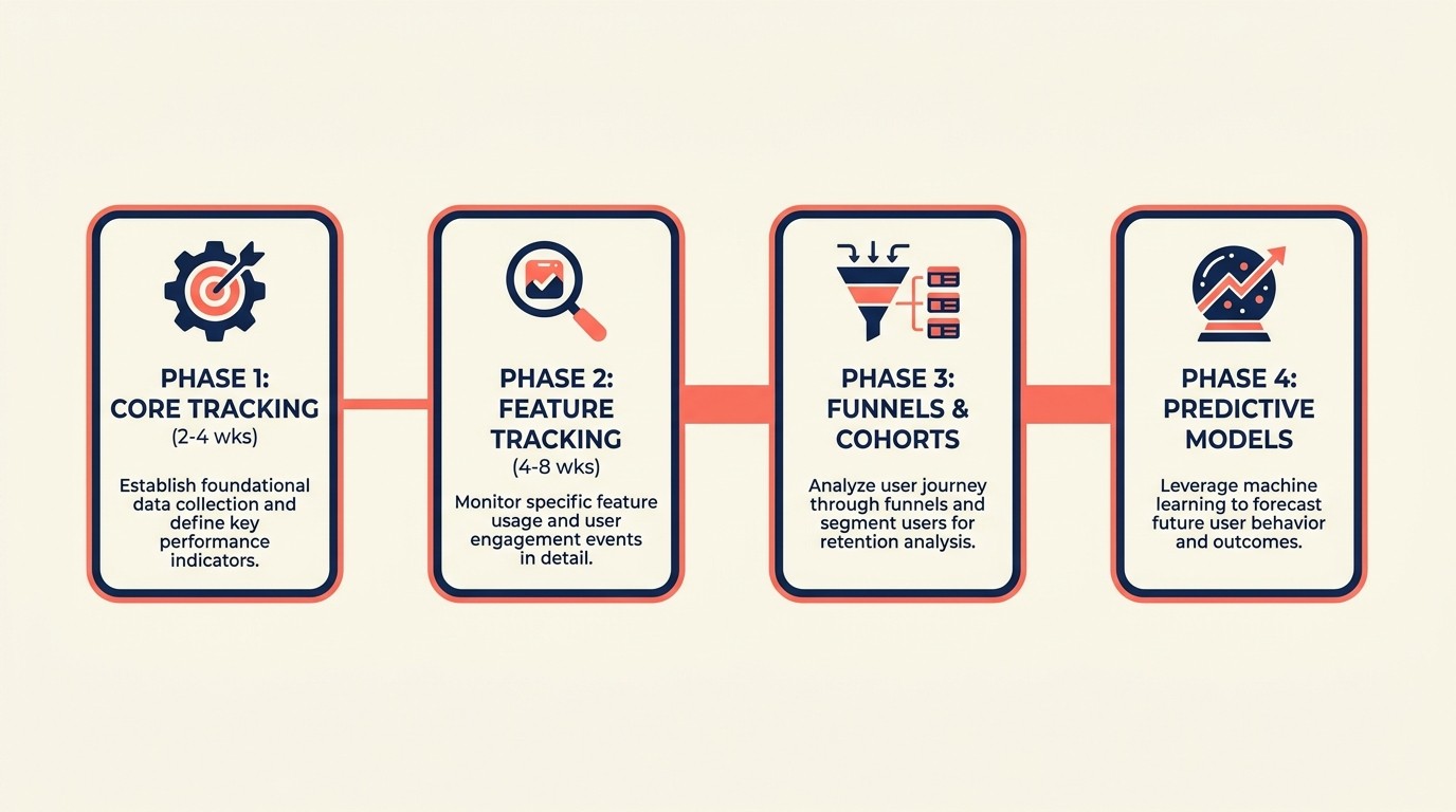 Phased roadmap for implementing product analytics from core tracking to predictive models