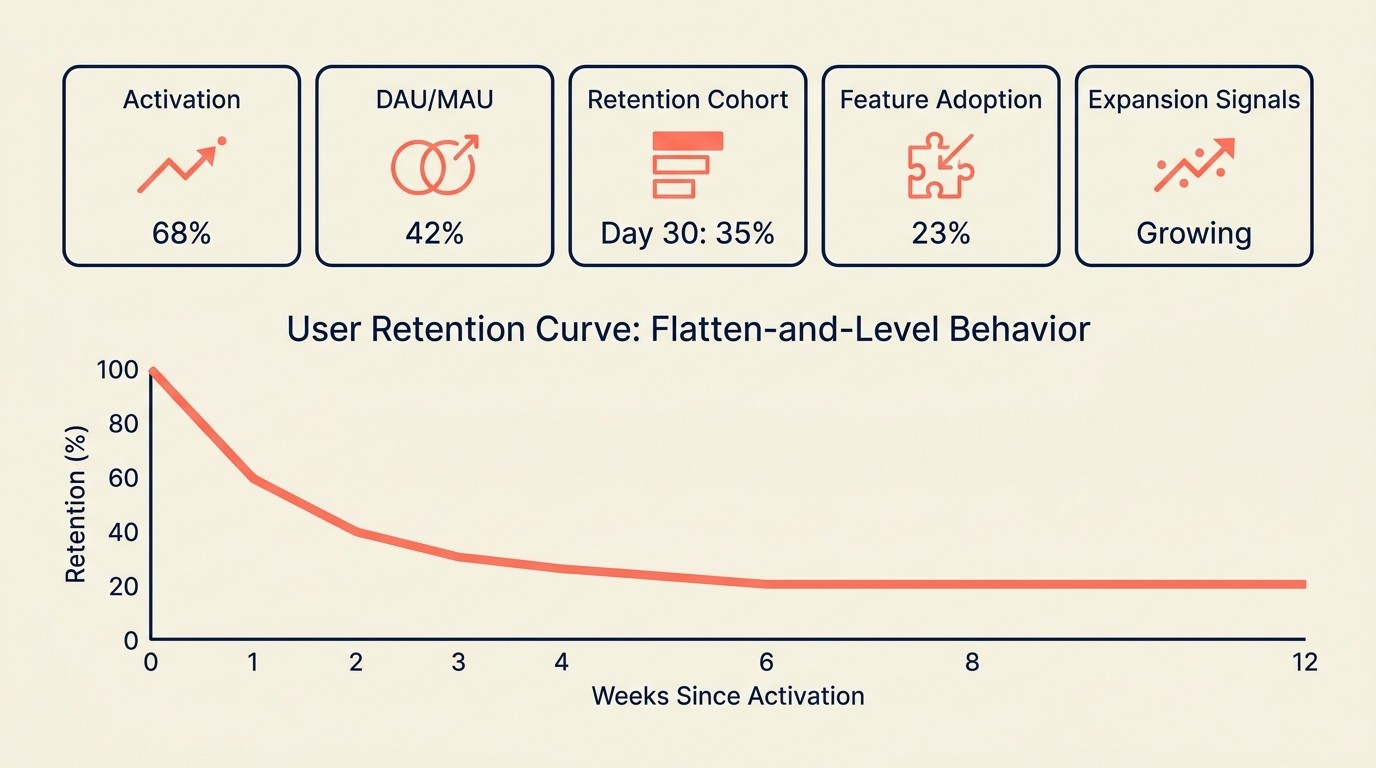 Key product analytics metrics including activation, engagement, and retention