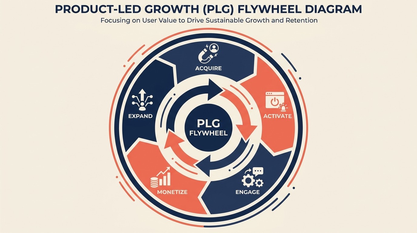 PLG growth flywheel showing acquisition, activation, engagement, monetization, and expansion loop