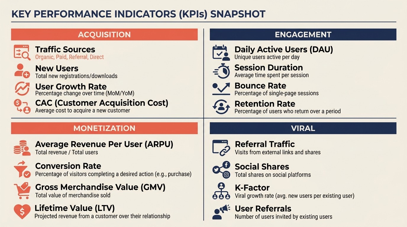 PLG metrics stack covering acquisition, engagement, monetization, and viral metrics