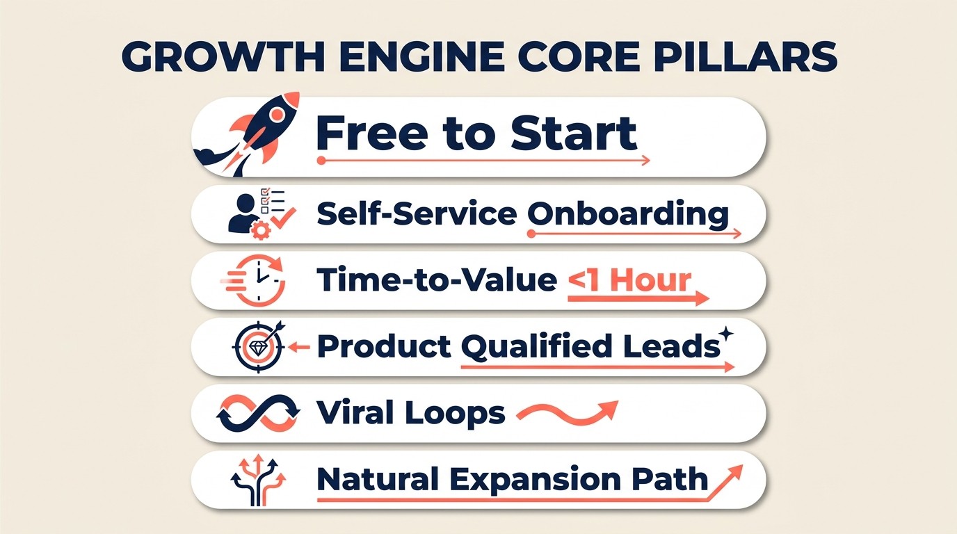 Core product-led growth principles in practice including freemium, self-service, and viral loops