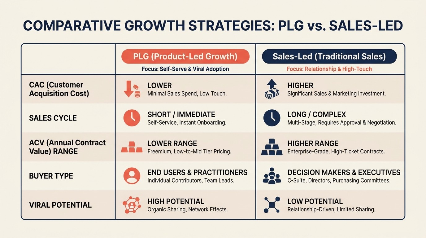 PLG vs sales-led growth comparison of motion, cost, cycle, and ideal fit