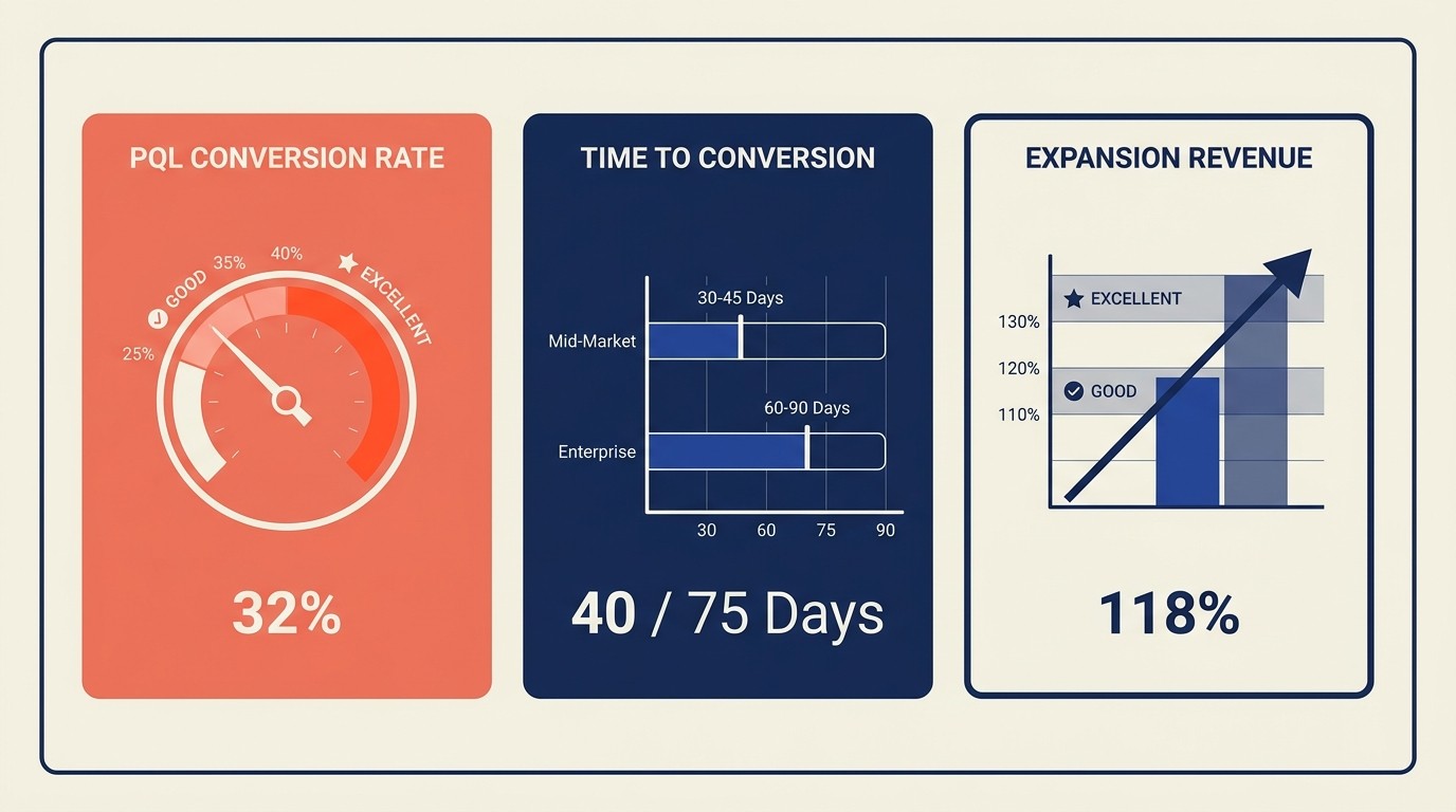 Key product-led sales metrics including PQL conversion rate and expansion revenue