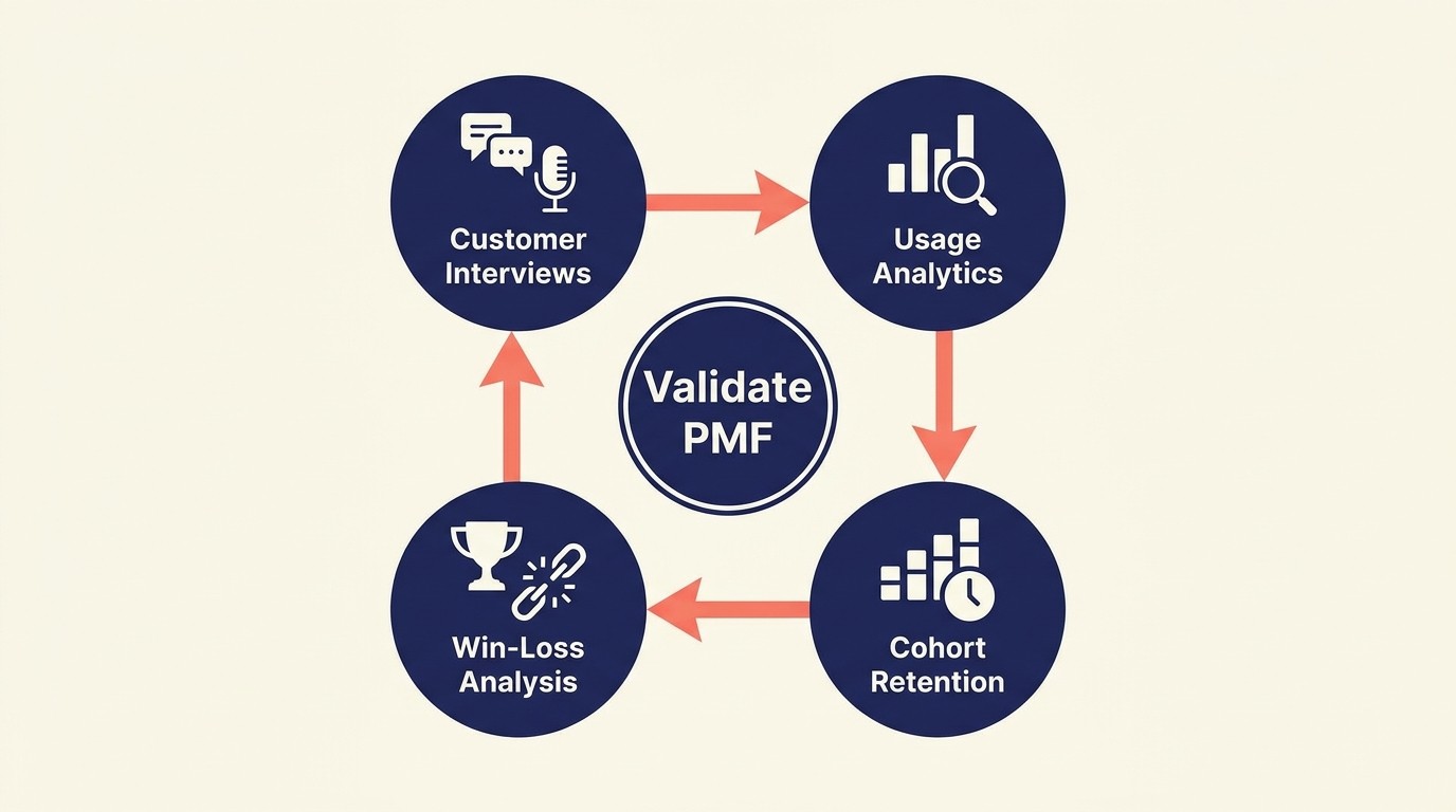 Systematic PMF validation methodology across interviews, analytics, and cohorts