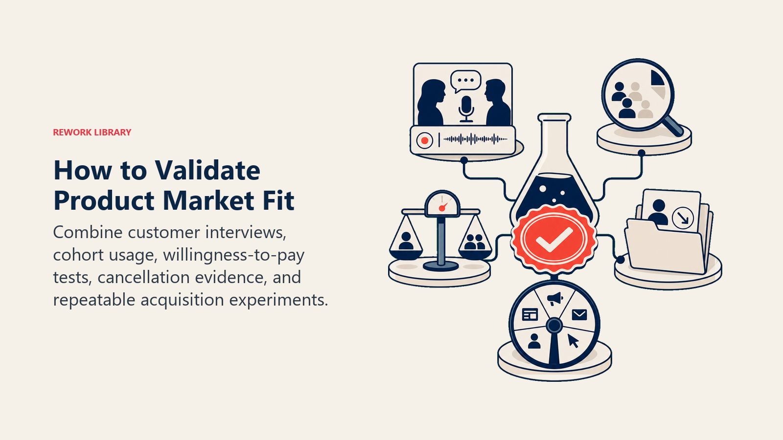 How to Validate Product Market Fit illustrated with a PMF validation lab with interview recorder, cohort lens, price scale, churn exit file, and acquisition repeat test